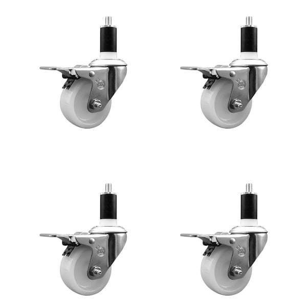 3'' Nylon Swivel 1-3/8'' Expanding Stem Caster Set Total Lock Brake, 4PK